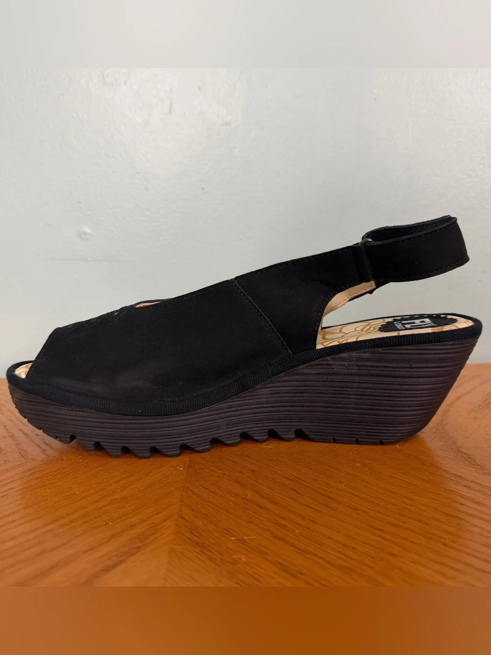 FLY London Womens Yeay 387 Leather Peep-Toe Slingback Black Women Sz 40 9-9.5